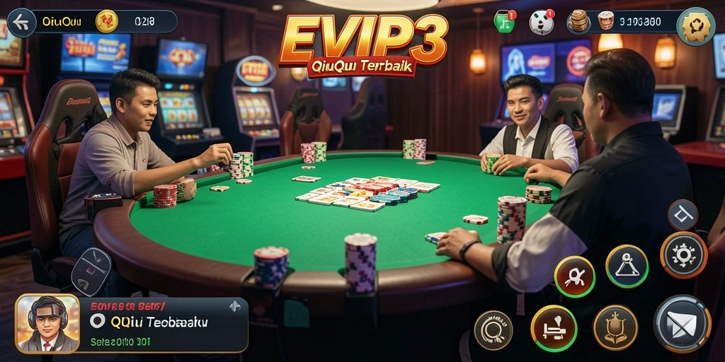 Screenshot game EVIP3 menampilkan momen seru saat bermain QiuQiu.