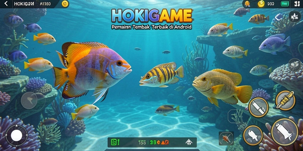 Tampilan gameplay HOKIGAME dengan berbagai ikan yang menunggu untuk ditembak.